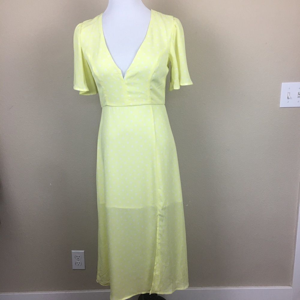 NWT Leith Yellow Polka Dot Flutter Sleeve Midi Dress Cutout Back XS
